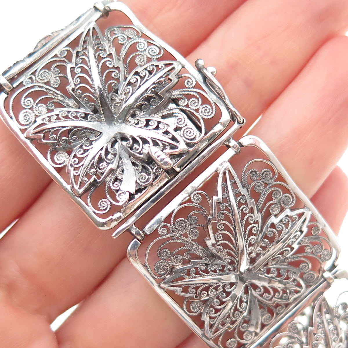 Alice Caviness Sterling Silver Antique Art Deco Floral Filigree Bracelet 7.5"