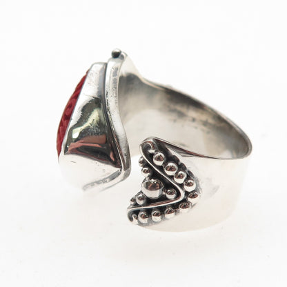 Sajen 925 Sterling Vintage Cinnabar Chinese Longevity Adjustable Ring Size 7.5