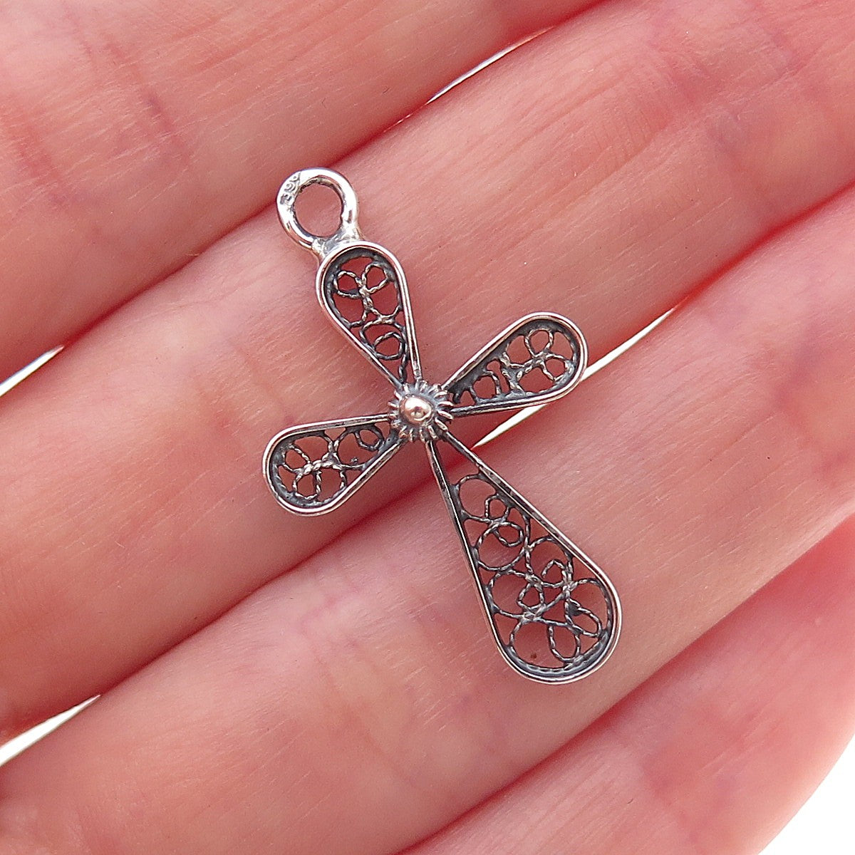 925 Sterling Silver Vintage Cross Filigree Oxidized Charm Pendant