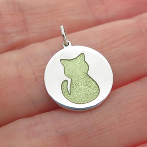 925 Sterling Silver Green Enamel Cat Round Tag Minimalist Charm Pendant