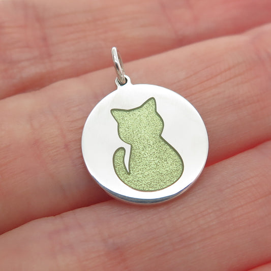 925 Sterling Silver Green Enamel Cat Round Tag Minimalist Charm Pendant