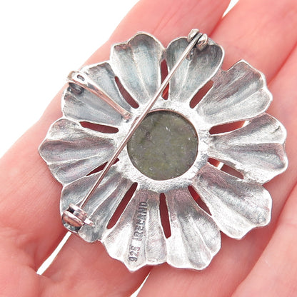 925 Sterling Silver Vintage Ireland Connemara Marble Flower Pin Brooch / Pendant