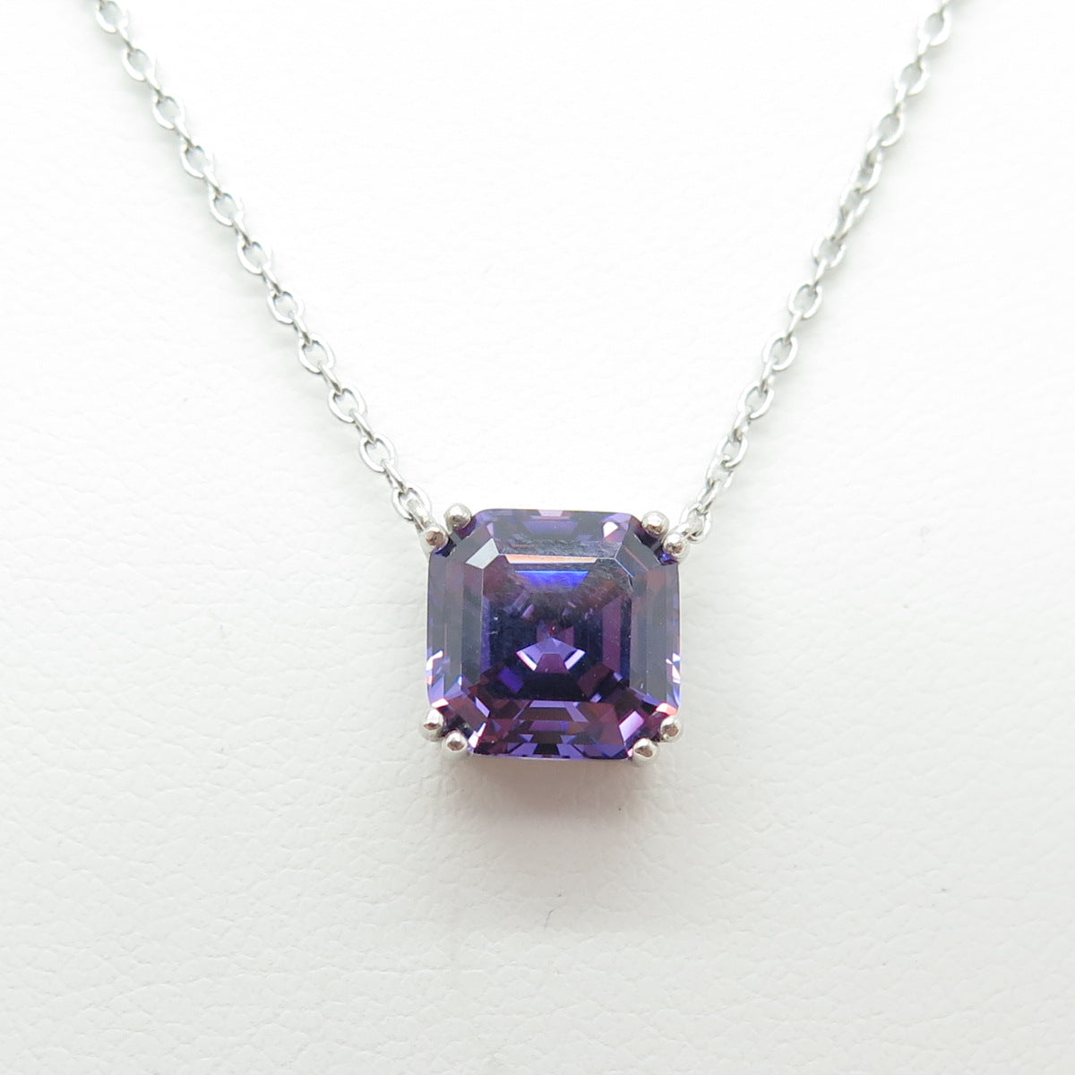 925 Sterling Silver Real Asscher-Cut Amethyst Cable Chain Necklace 17-19"