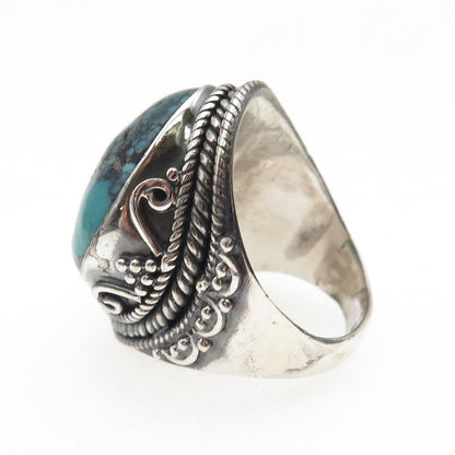 925 Sterling Silver Vintage Real Peacock Turquoise Oxidized Ring Size 8.75