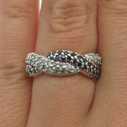 925 Sterling Silver White & Black C Z Twisted Ring Size 6