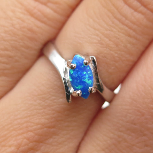 925 Sterling Silver Vintage Real Marquise-Cut Opal Bypass Ring Size 6.75