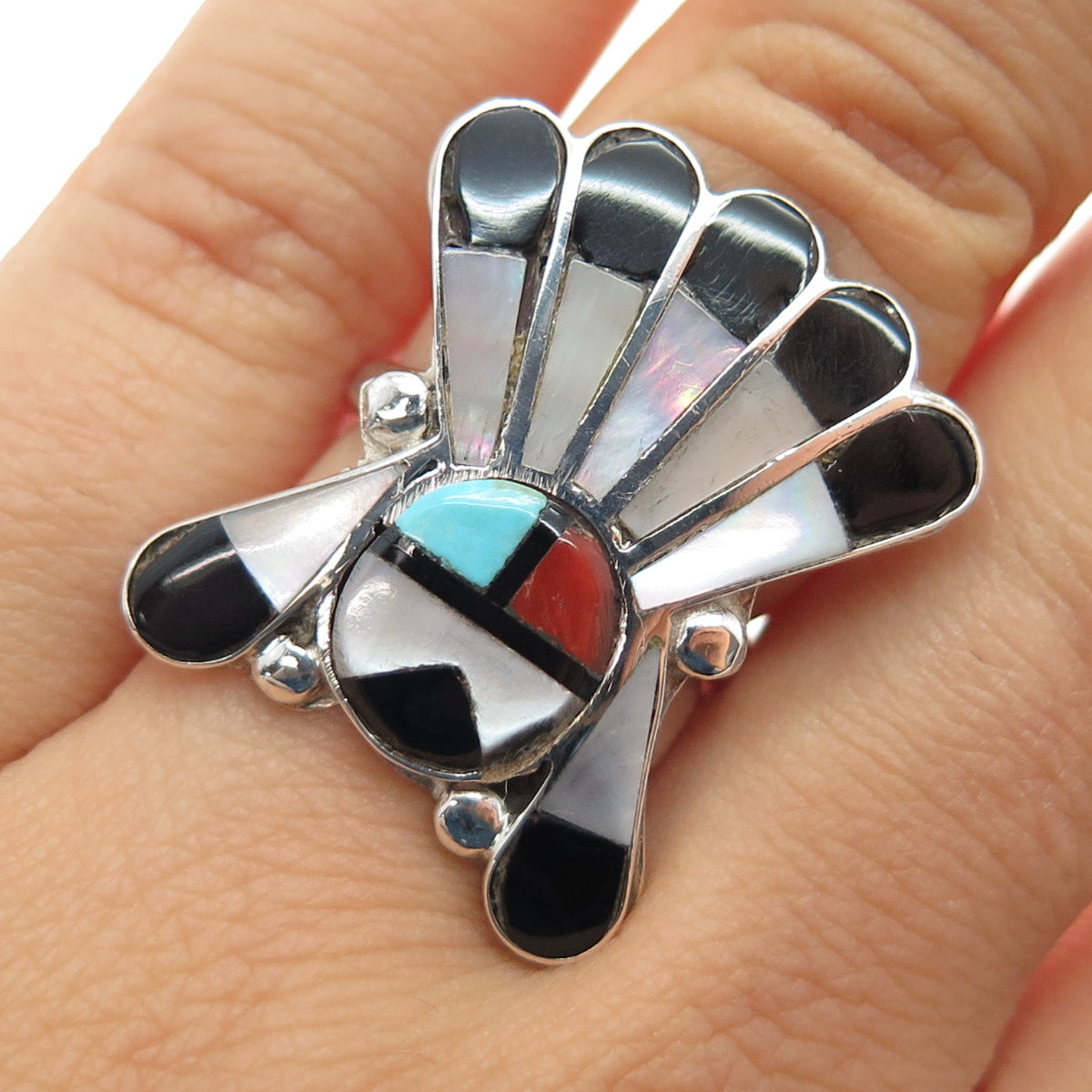 Old Pawn Zuni 925 Sterling Turquoise Coral Onyx MOP Indian Chief Ring Size 5.25