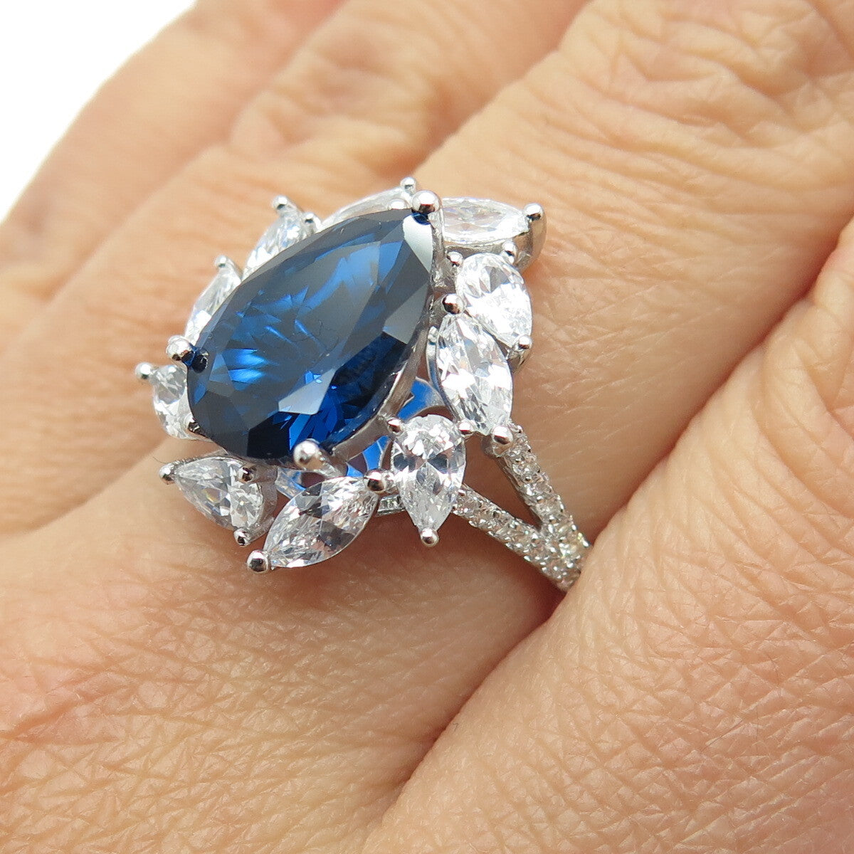 925 Sterling Silver Lab-Created Sapphire & C Z Teardrop Ring Size 8