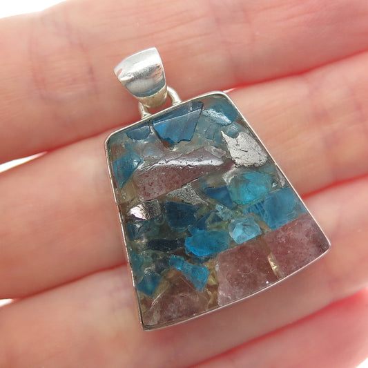 925 Sterling Silver Vintage Real Multi-Color Tourmaline Inlay Modernist Pendant