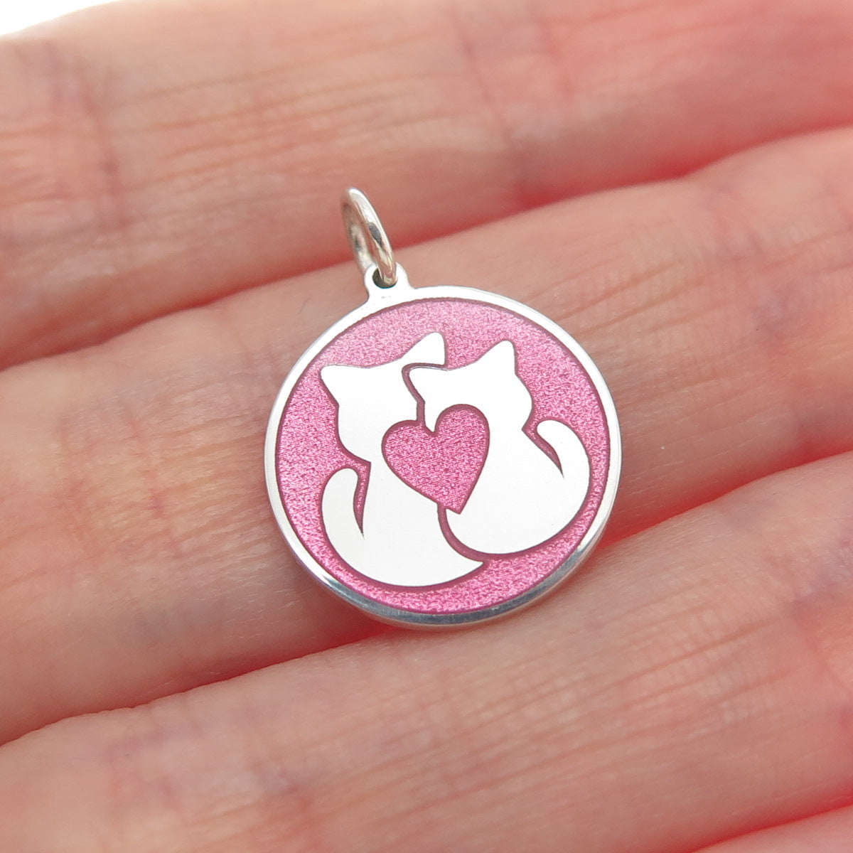 925 Sterling Silver Pink Enamel Mom & Child Cat Heart Minimalist Charm Pendant