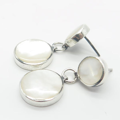 925 Sterling Silver Vintage Real Mother-Of-Pearl Round Dangling Earrings