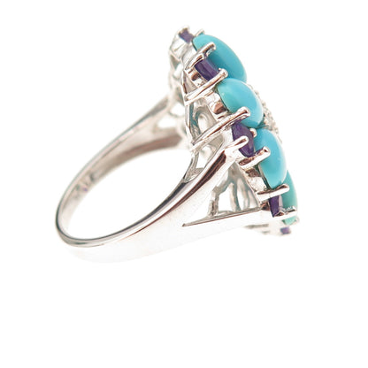 925 Sterling Silver Real Sleeping Beauty Turquoise Amethyst Topaz Ring Size 8.25