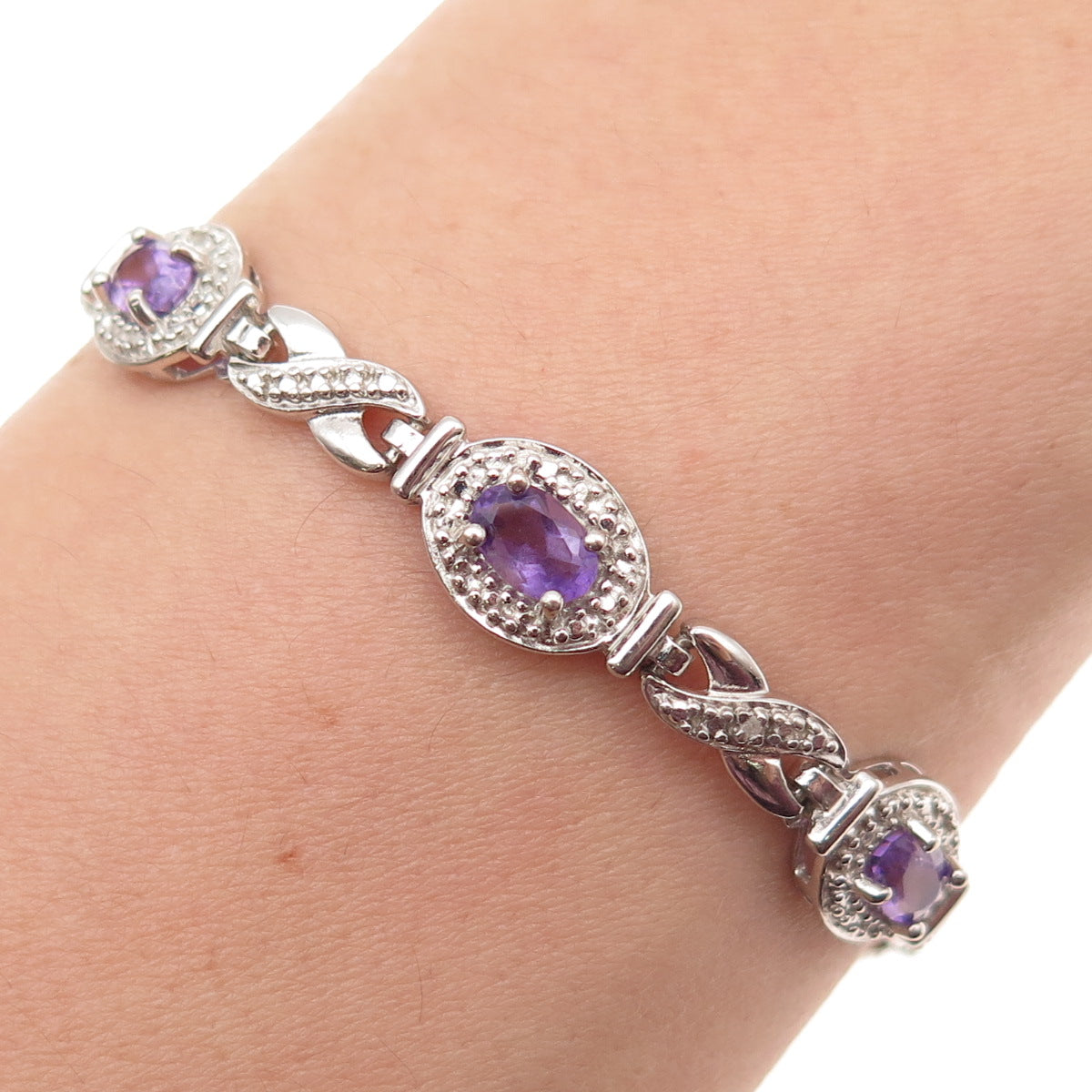 Ross Simons 925 Sterling Silver Real Diamond Accent & Amethyst Bracelet 7.25"
