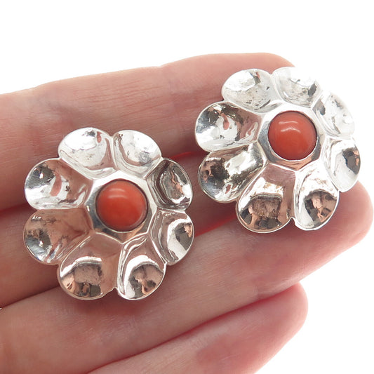 925 Sterling Silver Vintage Real Coral Modernist Flower Clip On Earrings