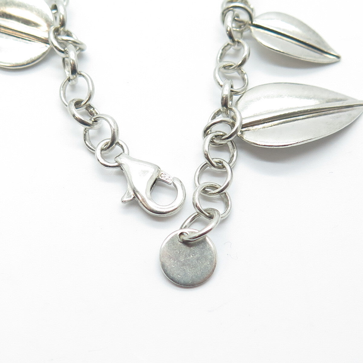 925 Sterling Silver Vintage Floral Leaf Charm Rolo Link Bracelet 7.5"