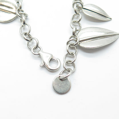 925 Sterling Silver Vintage Floral Leaf Charm Rolo Link Bracelet 7.5"