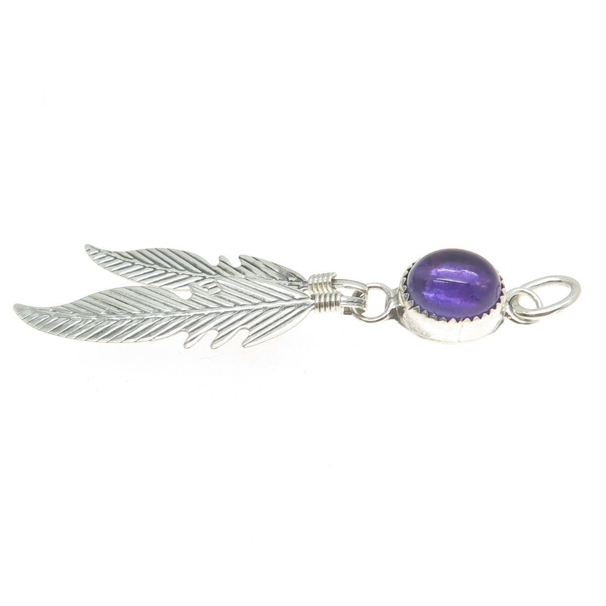 EDE NAVAJO Sterling Silver Vintage Southwestern Real Amethyst Feather Pendant