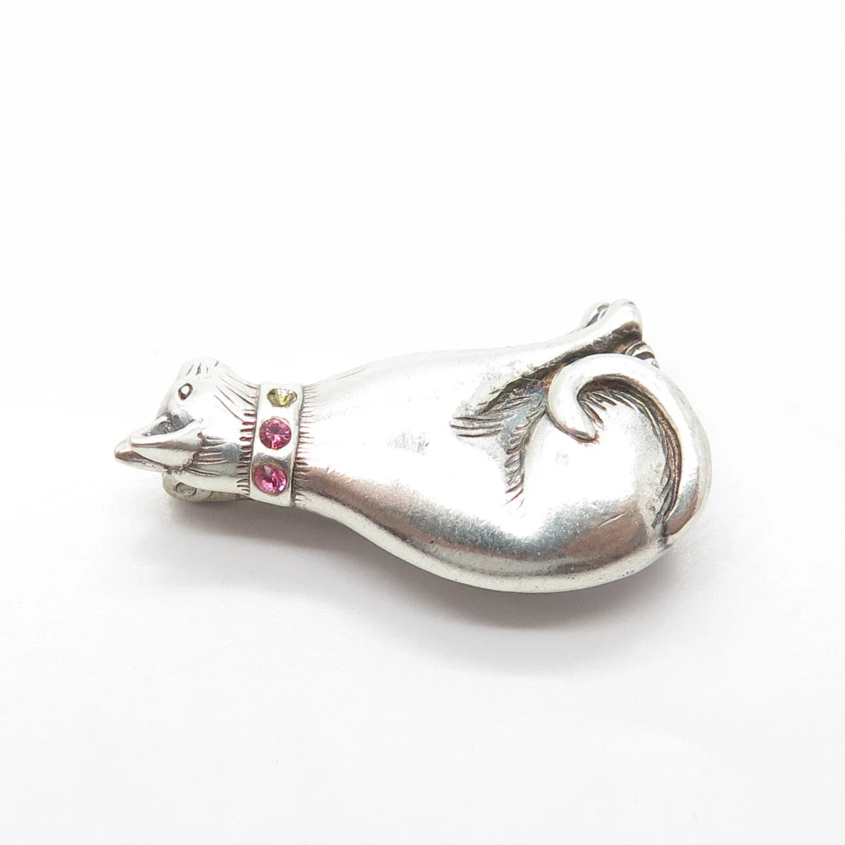 JEZLINE 925 Sterling Silver Vintage Pink Rhinestone Sitting Cat Pin Brooch