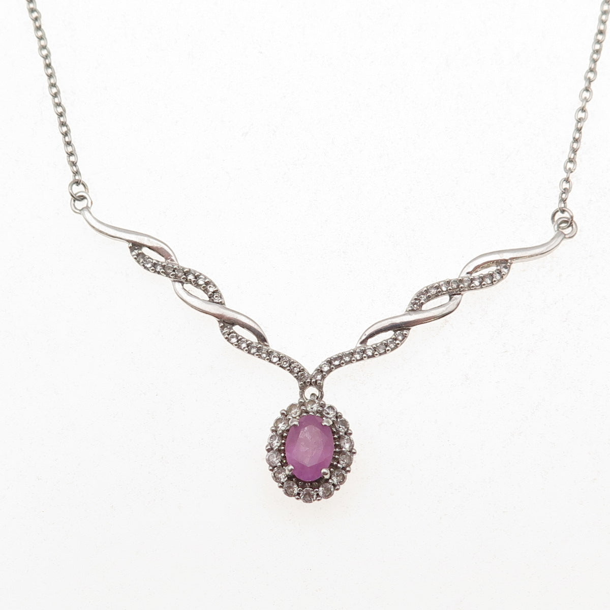 D'Joy 925 Sterling Silver Real Pink Sapphire & White Topaz Chain Necklace 20"