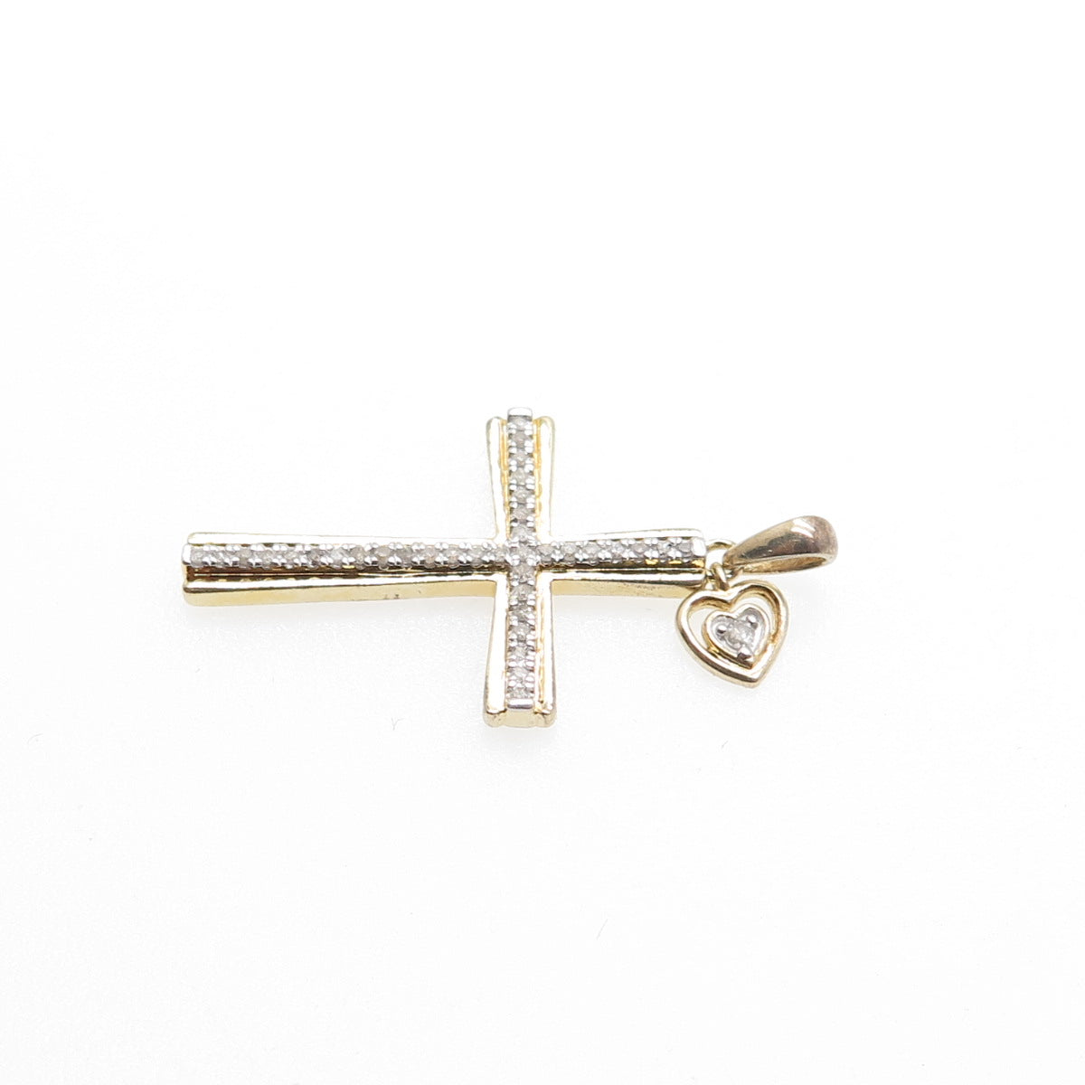 925 Sterling Silver Gold Plated Real Diamond Cross & Heart Charm Pendant