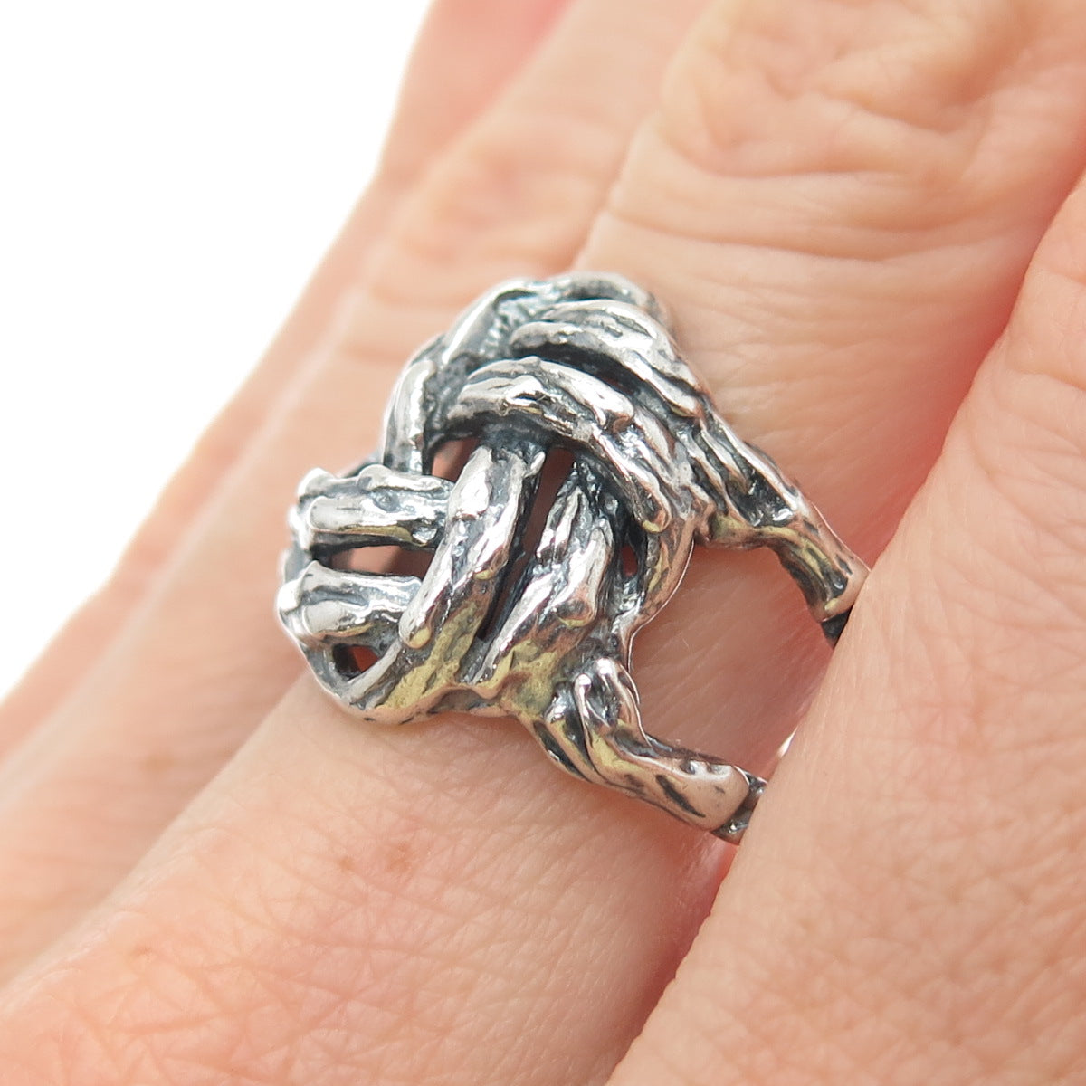 925 Sterling Silver Vintage Modernist Twisted Knot Oxidized Ring Size 9.5
