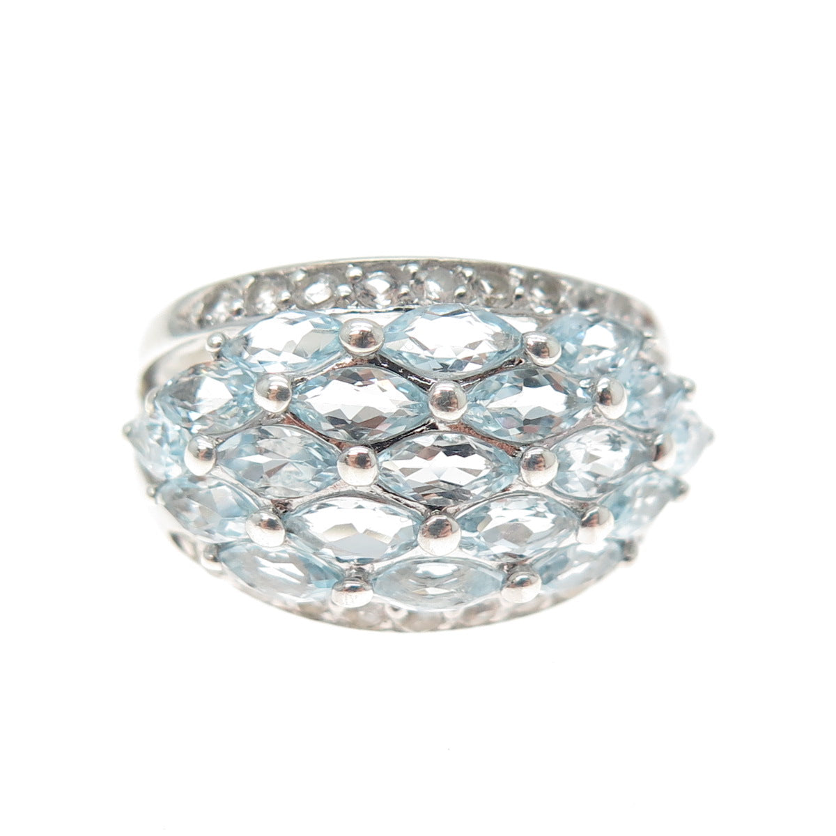 HAN 925 Sterling Silver Real Marquise & Round-Cut Blue White Topaz Ring Size 8.5