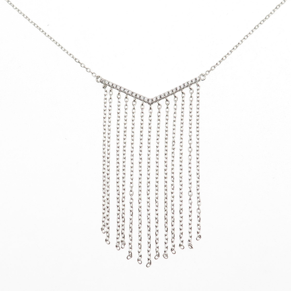 925 Sterling Silver Round-Cut C Z V-Shape Tassel Cable Chain Necklace 24"