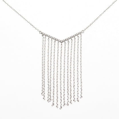 925 Sterling Silver Round-Cut C Z V-Shape Tassel Cable Chain Necklace 24"