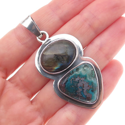 925 Sterling Silver Vintage Real Labradorite & Agate Modernist Oxidized Pendant