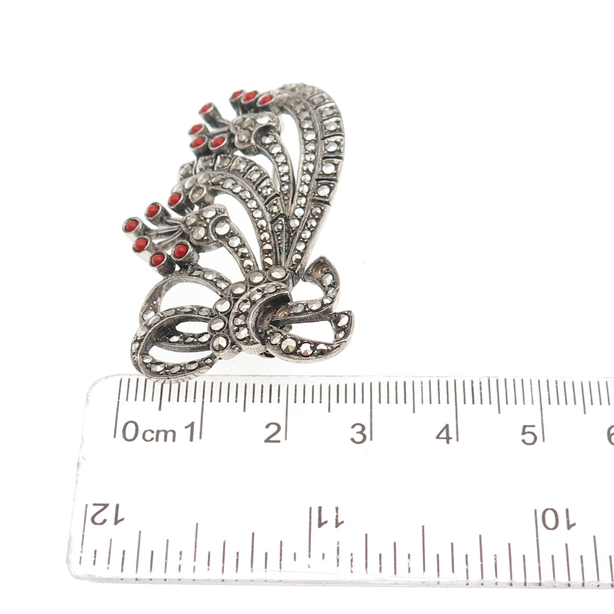 835 Silver Antique Art Deco Real Coral & Marcasite Pin Brooch (missing 3 stones)