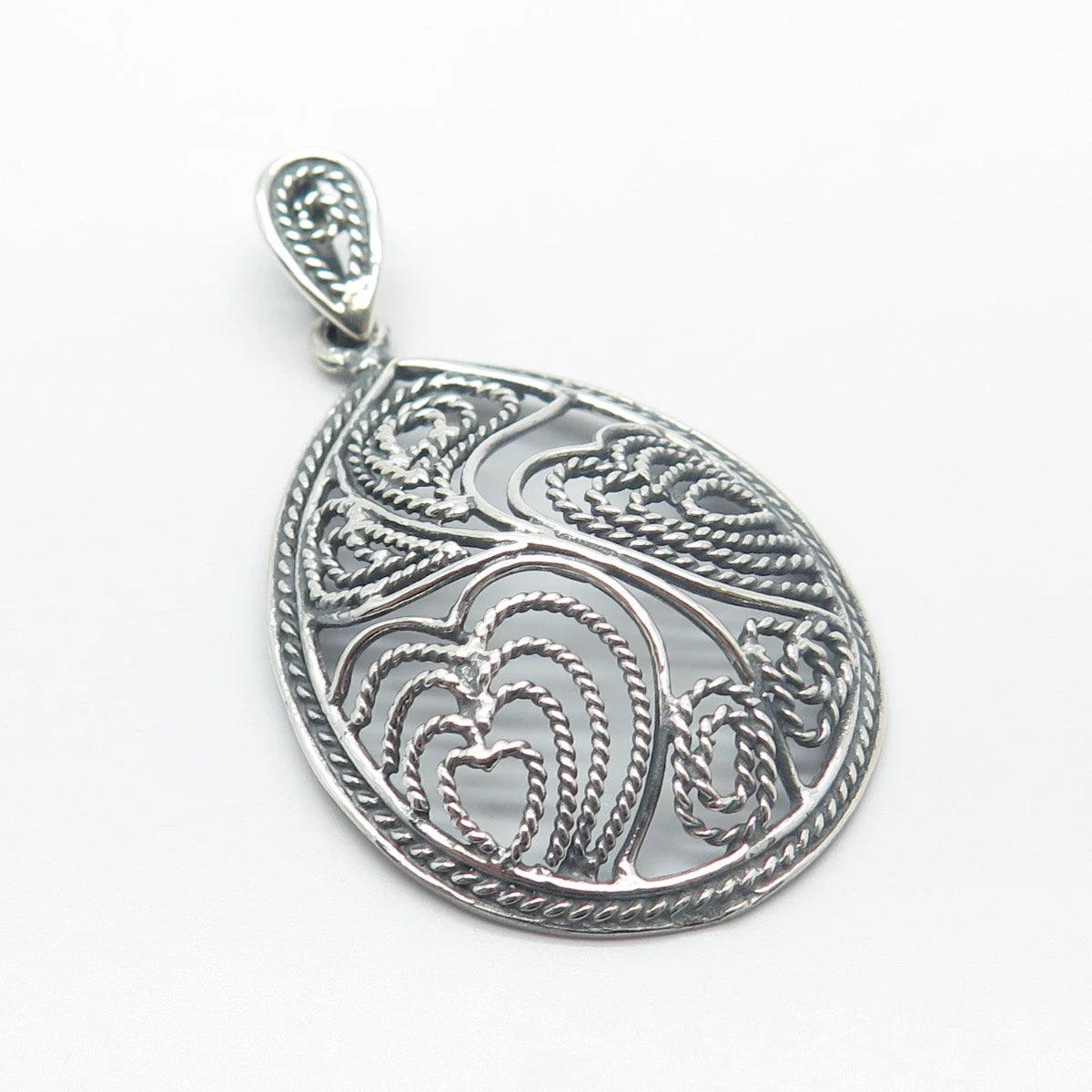 925 Sterling Silver Vintage Twisted Heart Teardrop Pendant