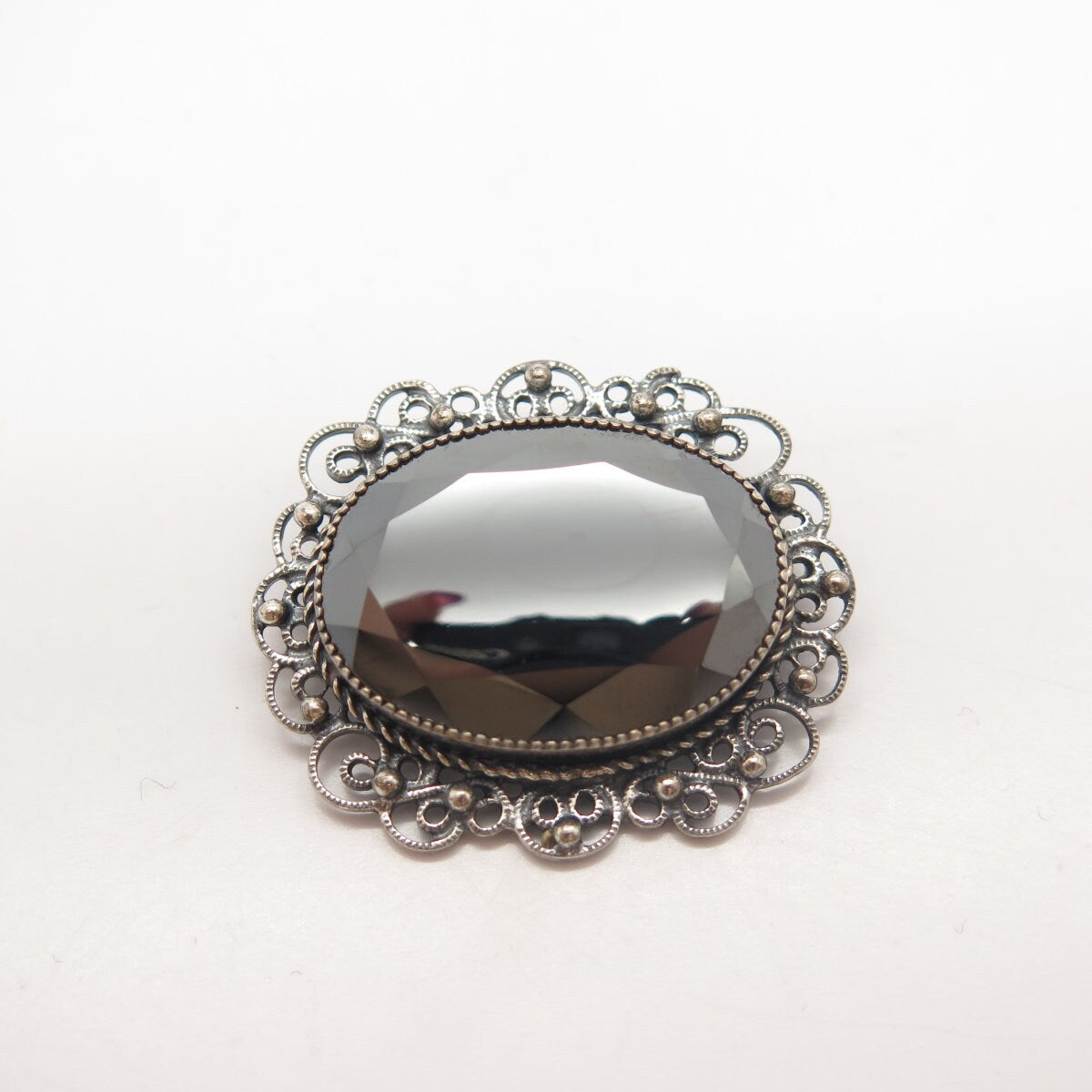 925 Sterling Silver Vintage Danecraft Real Hematite Gemstone Ornate Pin Brooch