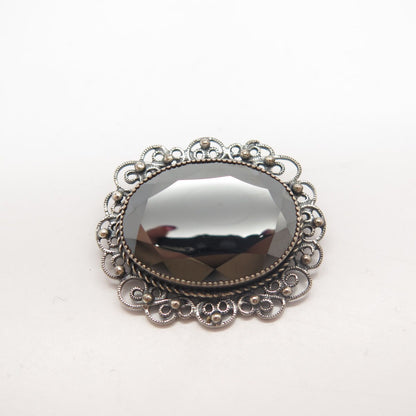 925 Sterling Silver Vintage Danecraft Real Hematite Gemstone Ornate Pin Brooch