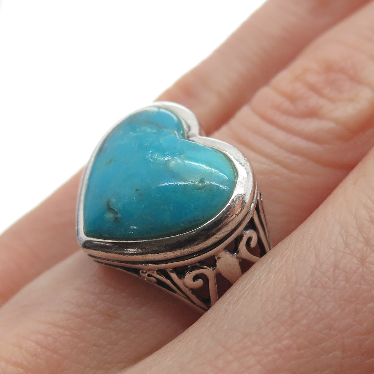 SX SALLY C Sterling Silver Vintage Real Kingman Turquoise Heart Ring Size 6.25