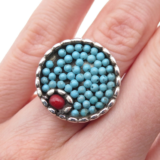Old Pawn 925 Sterling Silver Vintage Artisan Turquoise Coral Beaded Ring Size 4