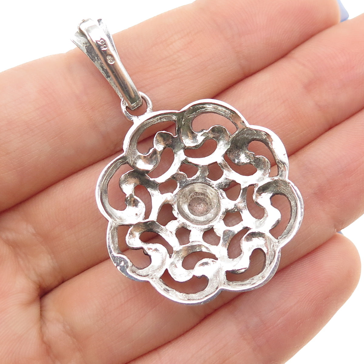 835 Silver Vintage European Flower Swirl Oxidized Charm Pendant