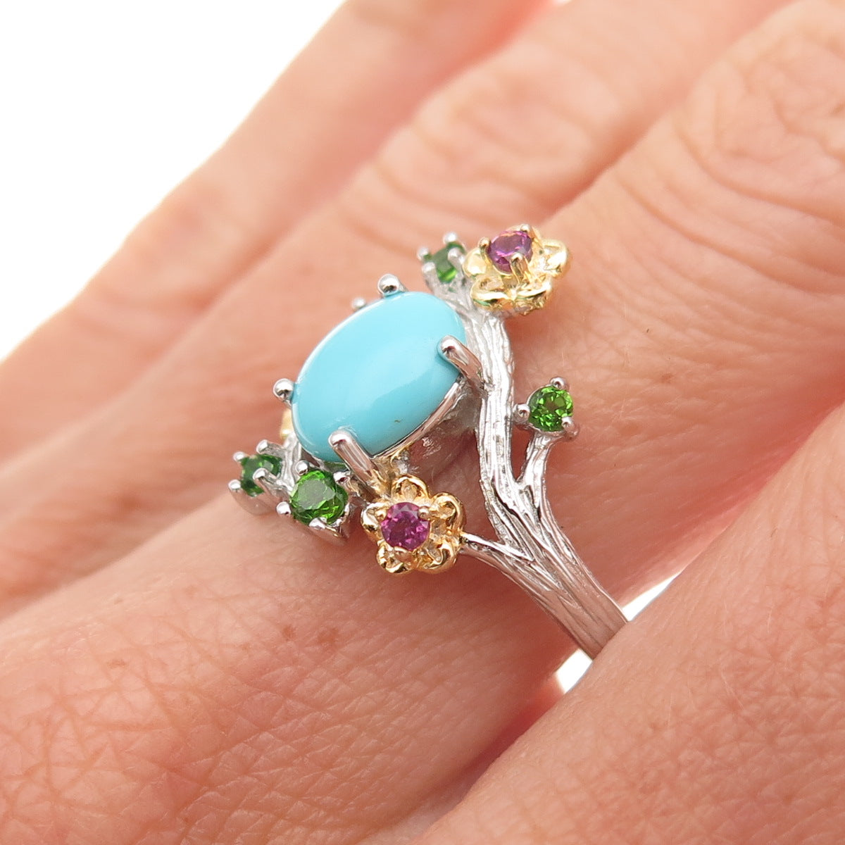 925 Sterling Silver 2-Tone Real Turquoise Amethyst & Peridot Floral Ring Size 8