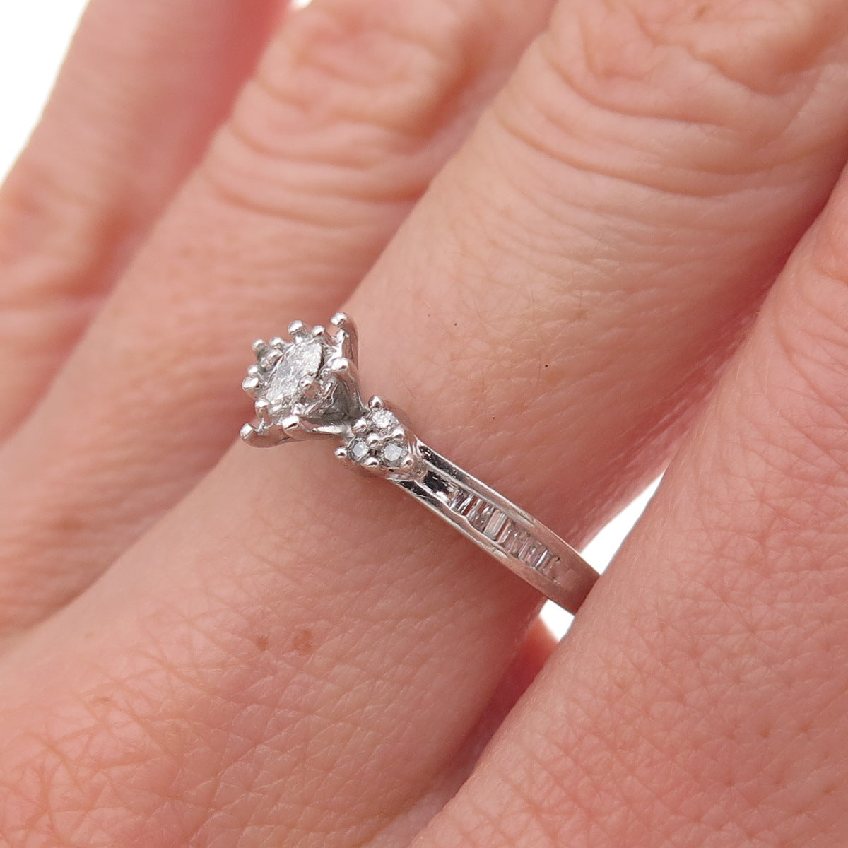 925 Sterling Silver Real Marquise & Round-Cut Diamond Engagement Ring Size 7.5