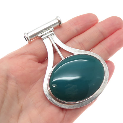 925 Sterling Silver Vintage Real Green Agate Modernist Slide Large Pendant