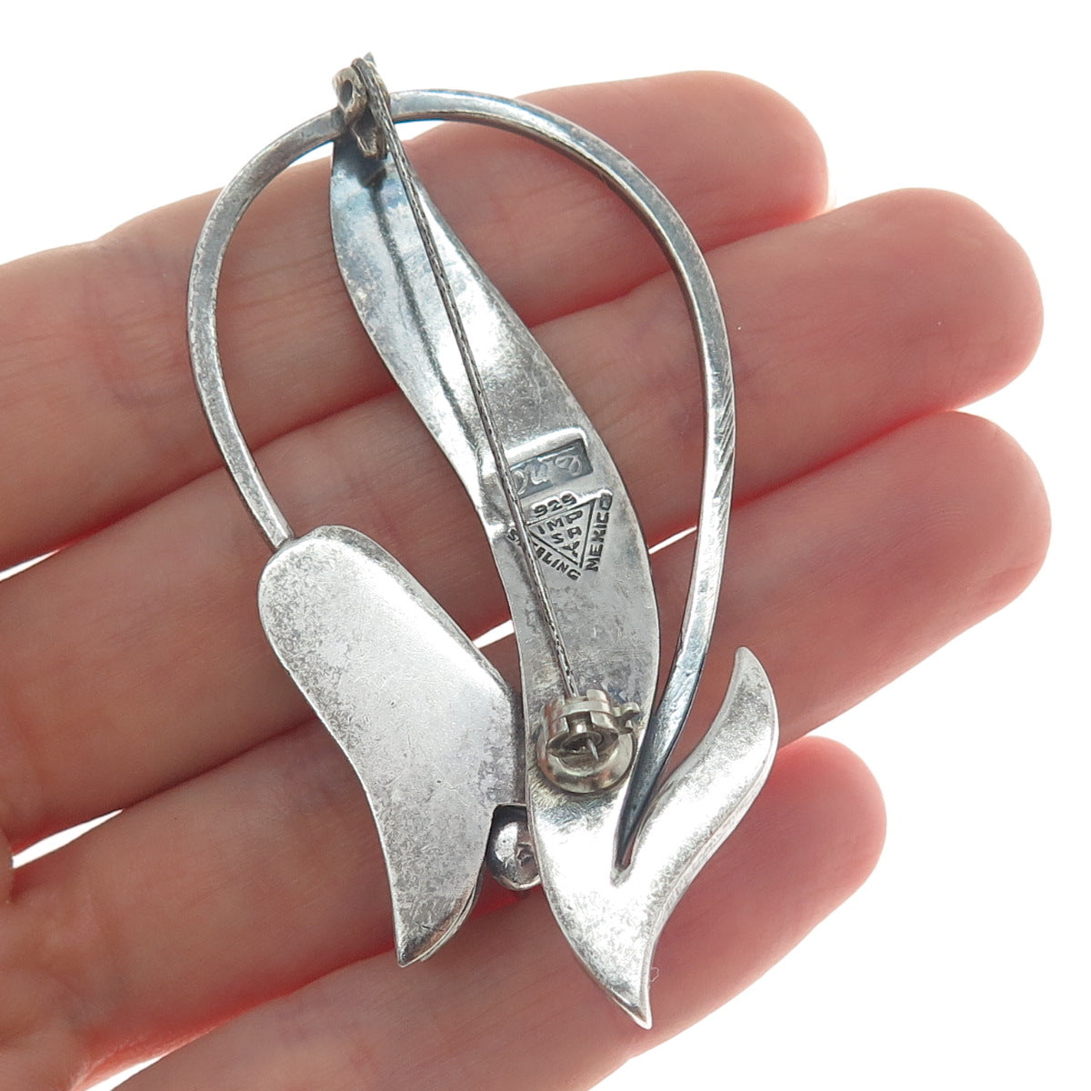 GINA Sterling Silver Vintage Mexico Tulip Flower Modernist Oxidized Pin Brooch