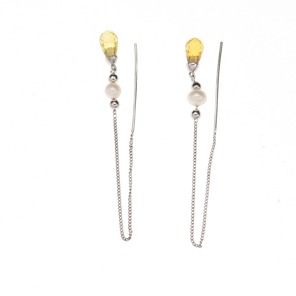 925 Sterling Silver Real Pearl & Lemon Quartz Chain Drop Earrings