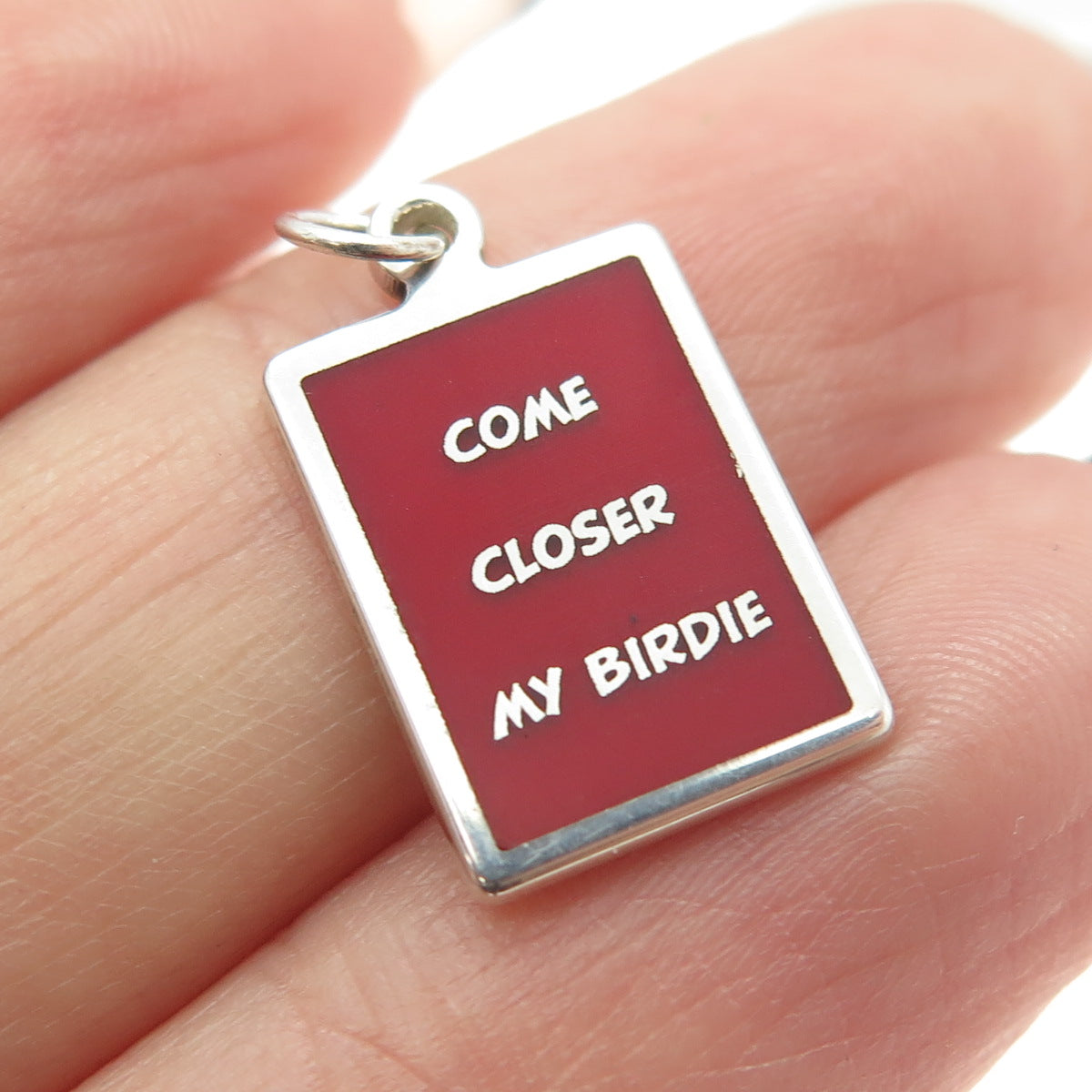 925 Sterling Silver Red Enamel "Come Closer My Birdie" Minimalist Charm Pendant