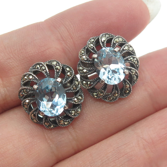 925 Sterling Silver Vintage Real Blue Topaz & Marcasite Gemstone Earrings