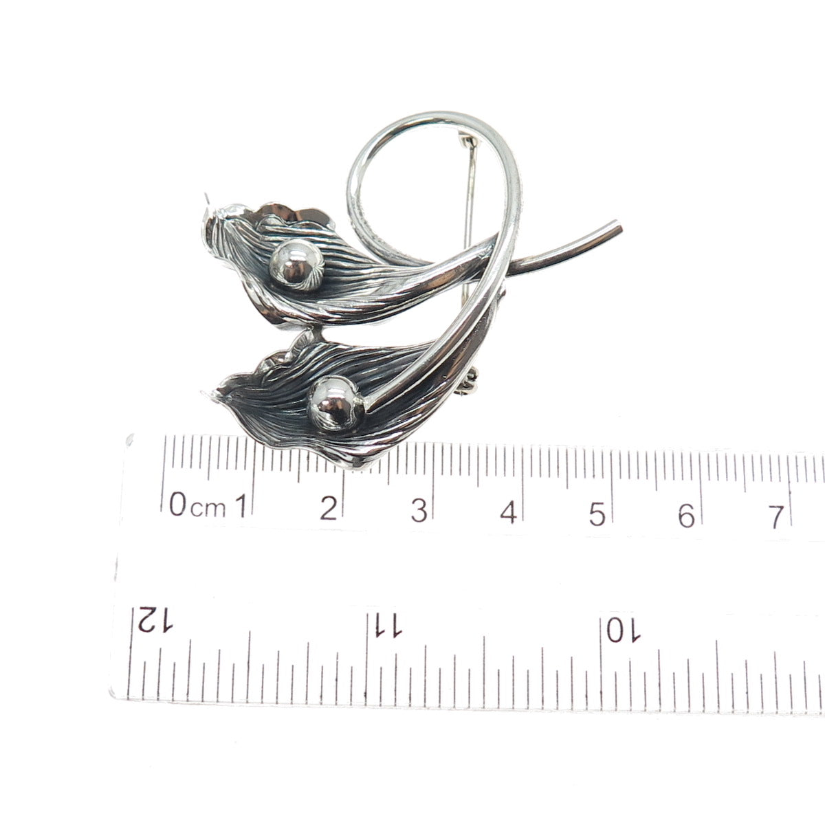 BEAU 925 Sterling Silver Vintage Modernist Calla Lily Oxidized Pin Brooch