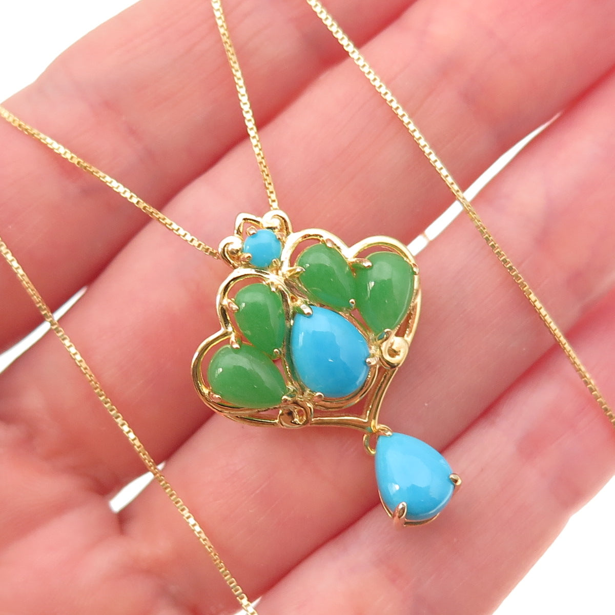 925 Sterling Silver Gold Plated Real Turquoise & Jade Box Chain Necklace 18"
