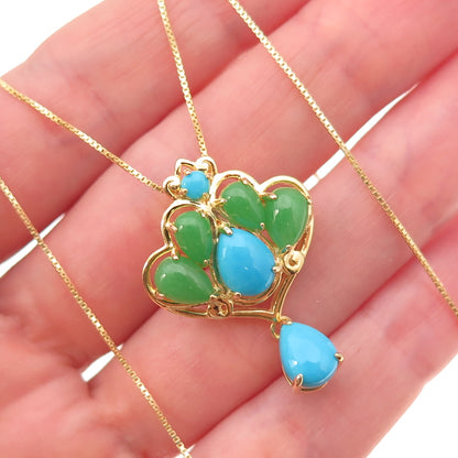 925 Sterling Silver Gold Plated Real Turquoise & Jade Box Chain Necklace 18"