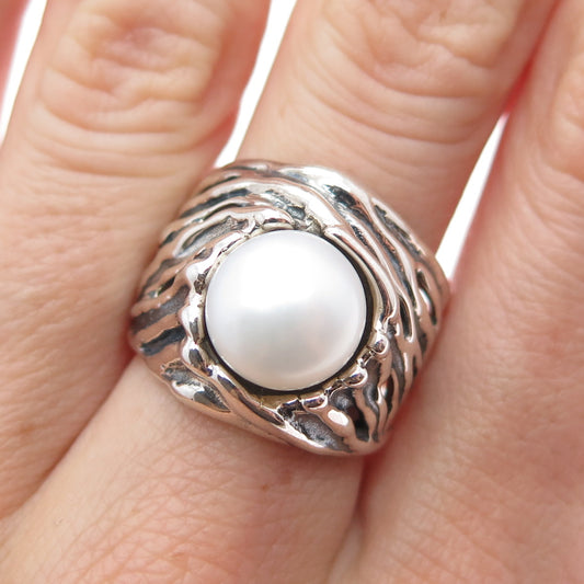 HAGIT GORALI Sterling Silver Vintage Israel Real Pearl Modernist Ring Size 7.25