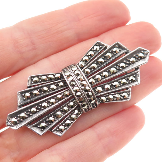 925 Sterling Silver Vintage Real Marcasite Bow Oxidized Pin Brooch