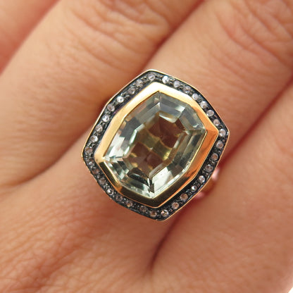 925 Sterling Silver Gold Plated Real Diamond & Green Amethyst Ring Size 6.75