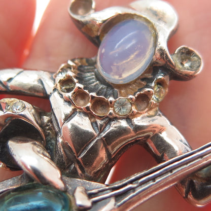M SLATER Sterling Antique Shell Opalite Harlequin Brooch (missing 9 rhinestones)